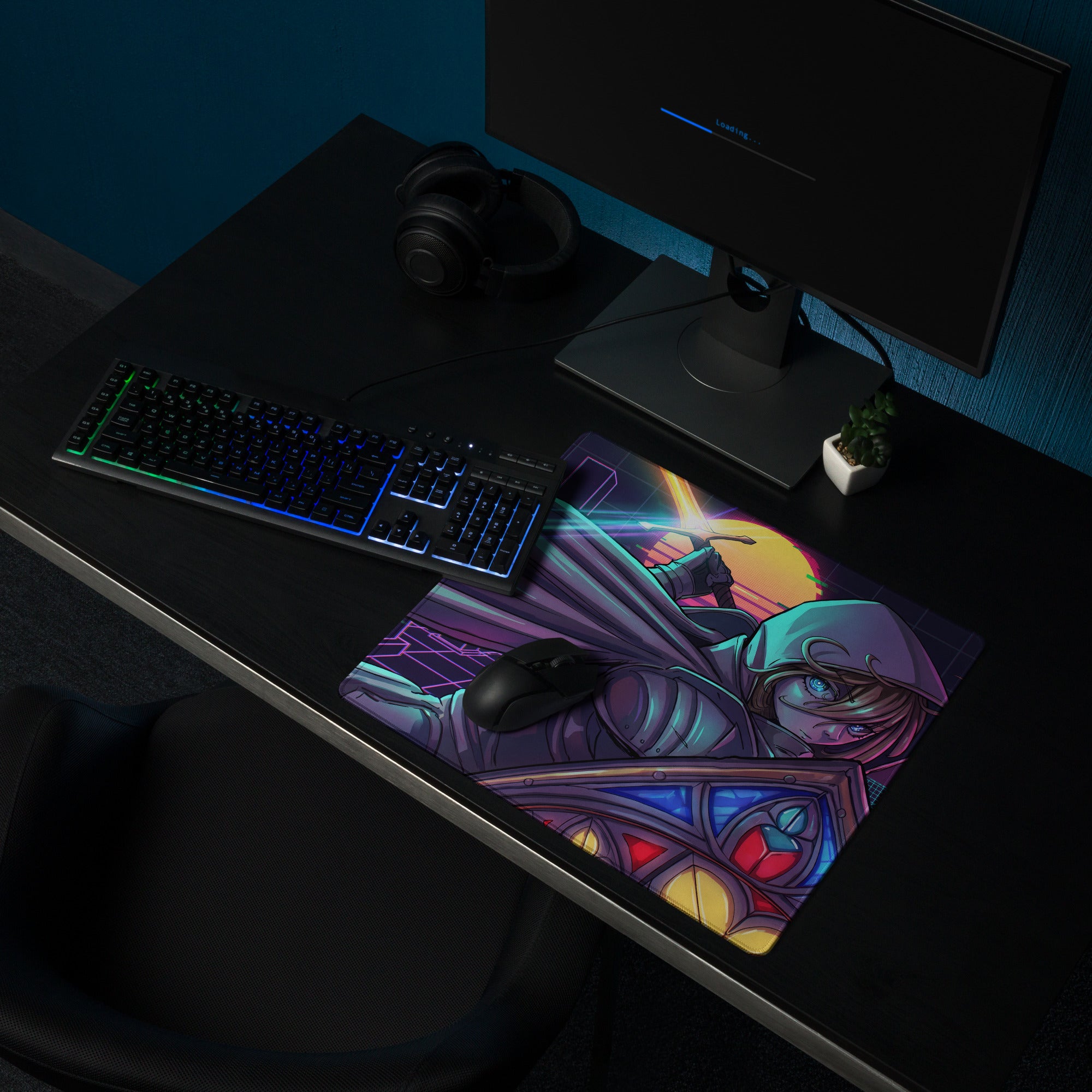 Vibrant anime-themed vaporwave neon gaming mousepad with purple and blue armor character and stained-glass accents