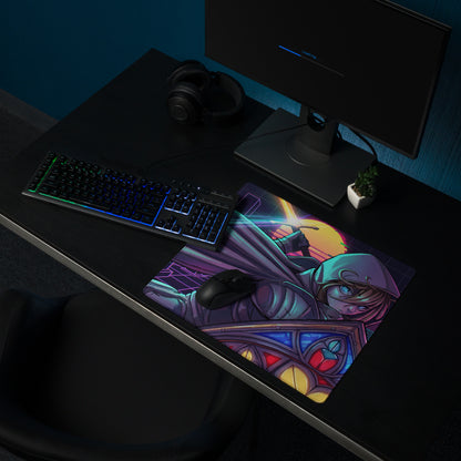 Vibrant anime-themed vaporwave neon gaming mousepad with purple and blue armor character and stained-glass accents