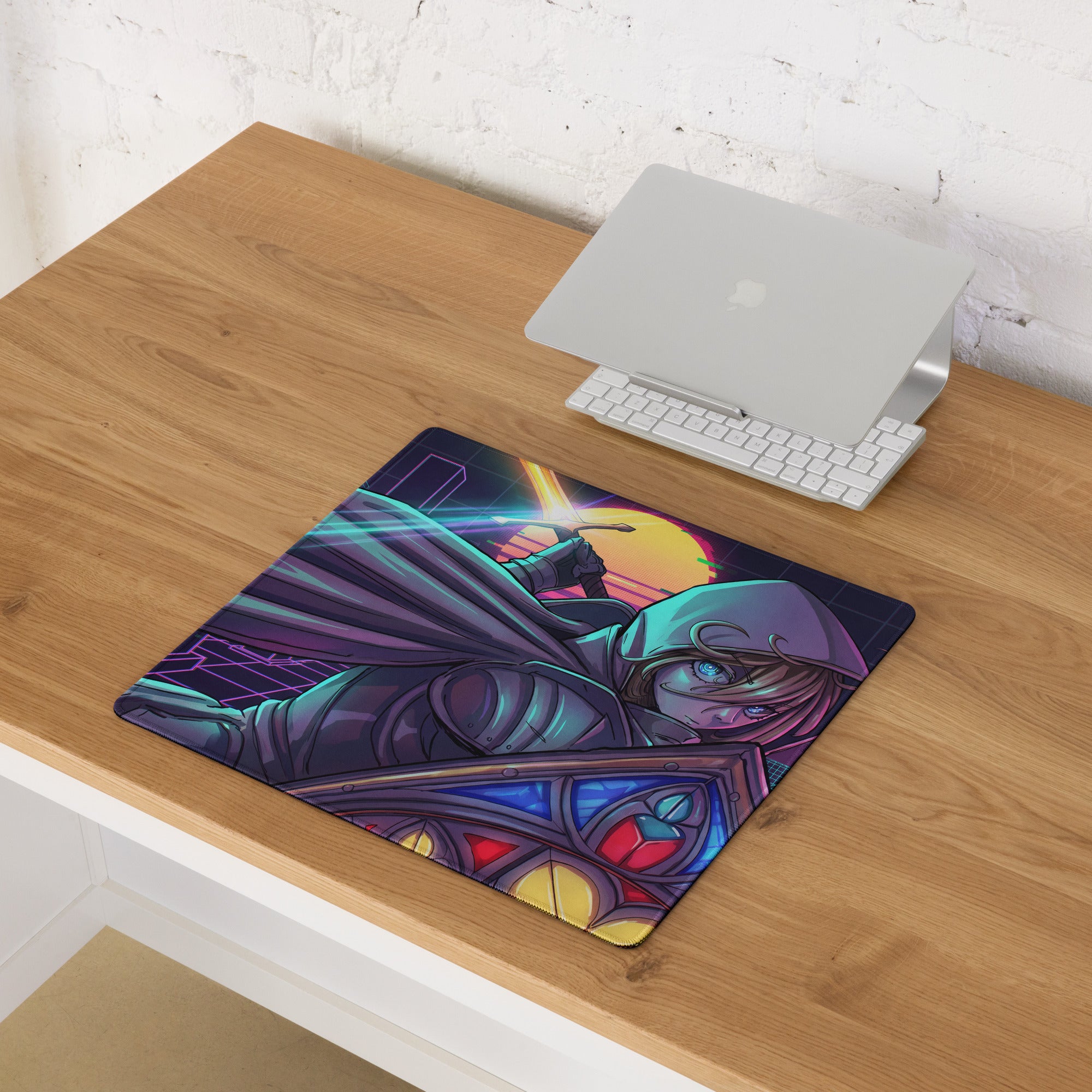 Vibrant vaporwave neon gaming mouse pad featuring a stylized anime character in dark armor with glowing blue eyes and cape