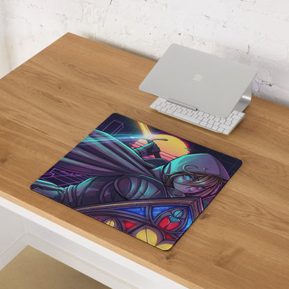 Vibrant vaporwave neon gaming mouse pad featuring a stylized anime character in dark armor with glowing blue eyes and cape