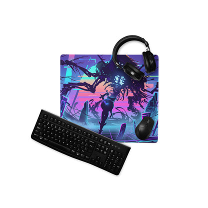Vibrant purple and pink cyberpunk-themed vaporwave gaming mousepad with detailed anime-style digital art design