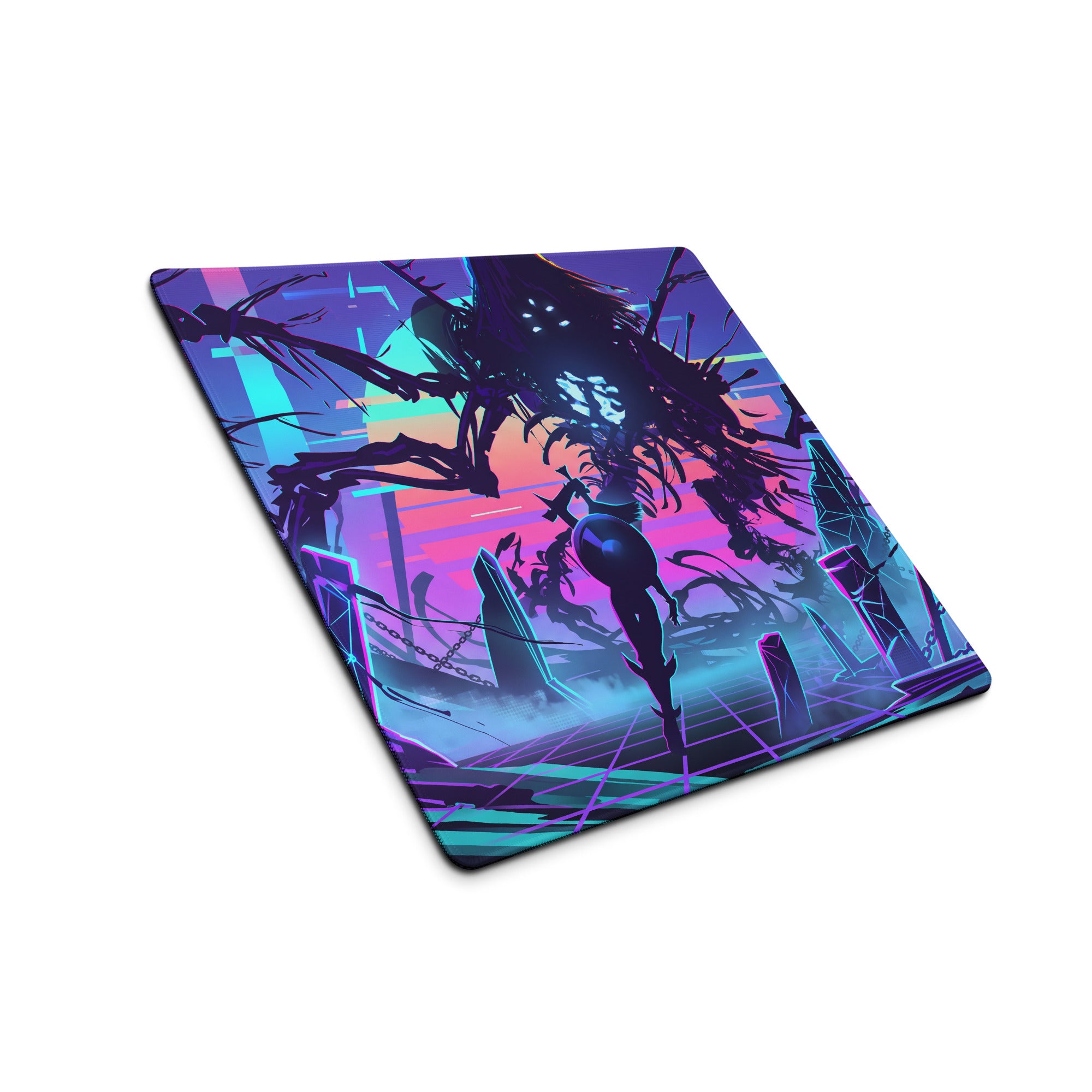 Neon vaporwave gaming pad featuring a nebula-themed mousepad with cyberpunk silhouette in purple pink and cyan gradients