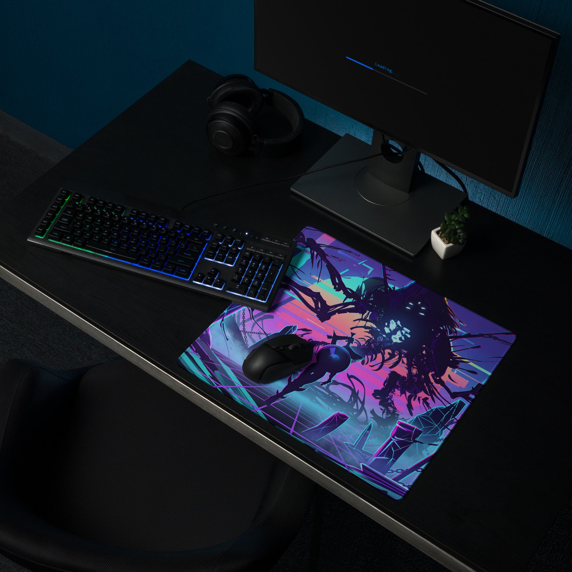 Neon vaporwave gaming mousepad with vibrant neon purple teal colors featuring a stylized cyberpunk character design