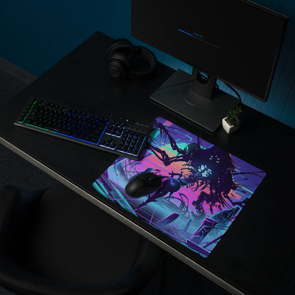 Neon vaporwave gaming mousepad with vibrant neon purple teal colors featuring a stylized cyberpunk character design