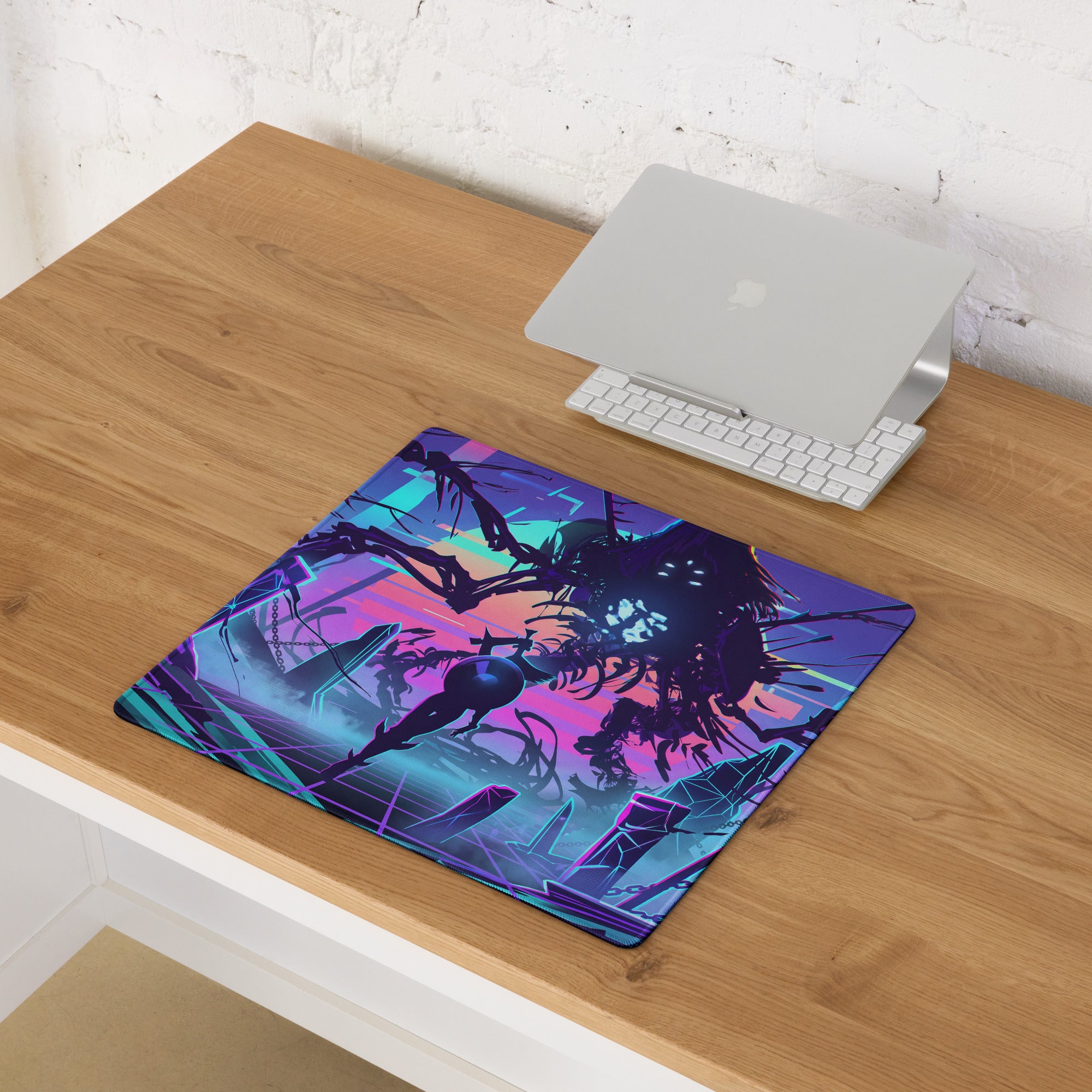 Neon vaporwave gaming pad with vibrant neon purple pink cyan colors featuring mechanical creatures illustration