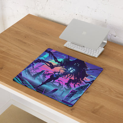 Neon vaporwave gaming pad with vibrant neon purple pink cyan colors featuring mechanical creatures illustration