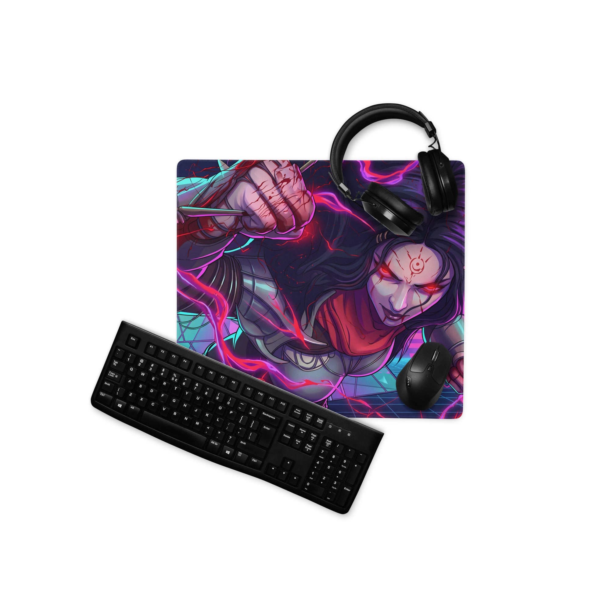 Large neon vaporwave anime mouse pad with vibrant purple and red colors featuring dynamic character digital art design
