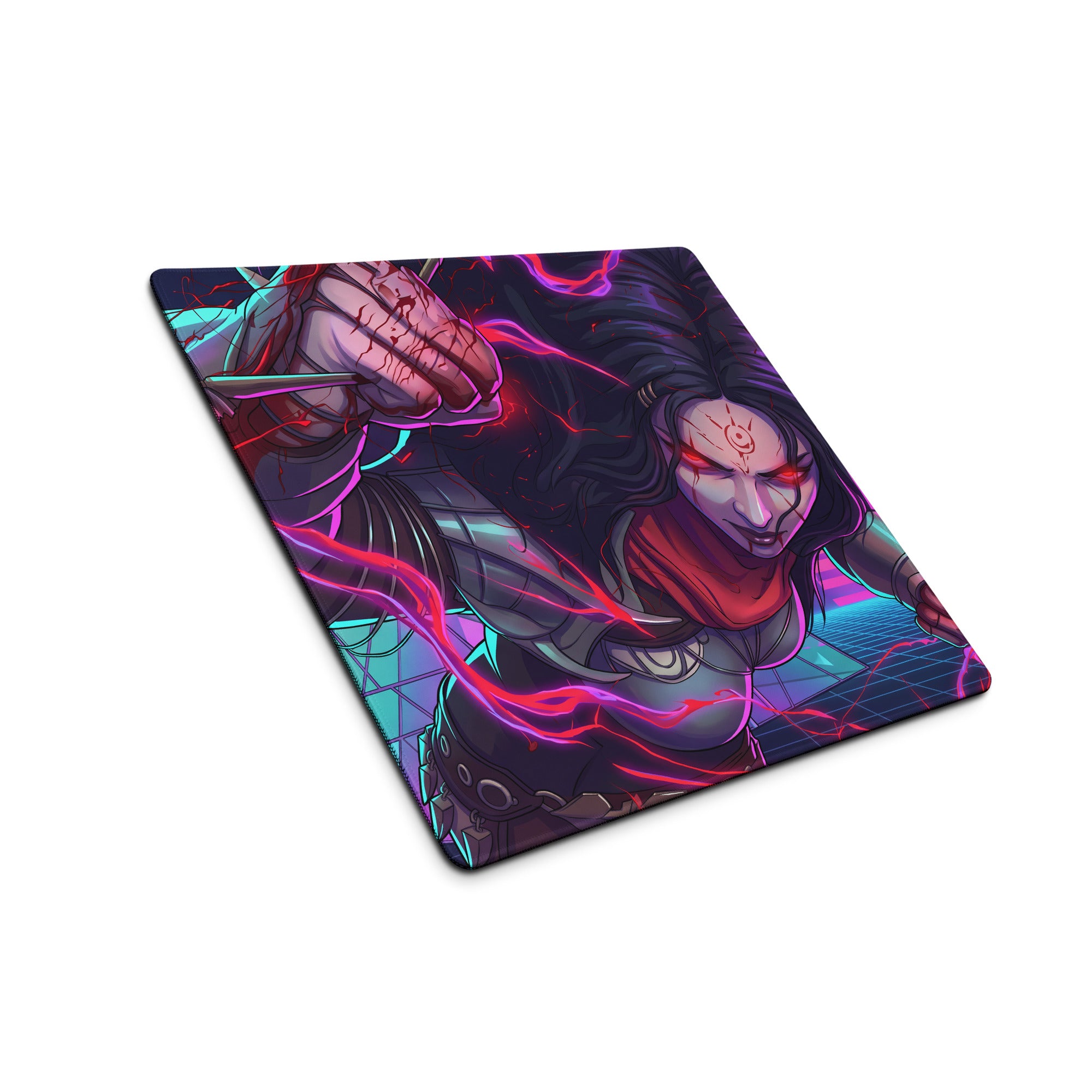 Large neon vaporwave anime mouse pad with vibrant neon pink and teal energy swirls on black armored fantasy warrior design