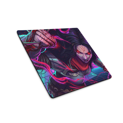Large neon vaporwave anime mouse pad with vibrant neon pink and teal energy swirls on black armored fantasy warrior design