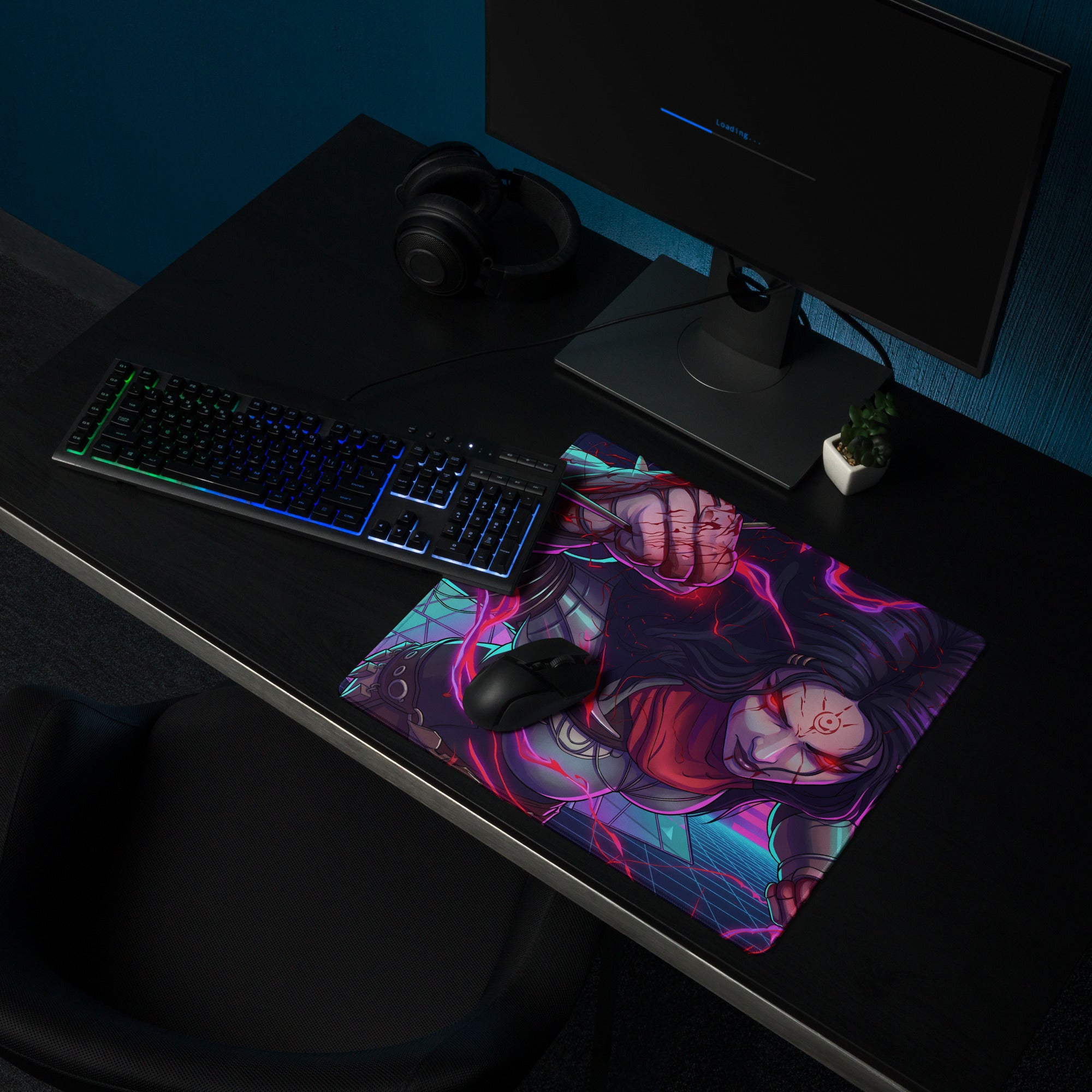 Large neon vaporwave anime mouse pad with vibrant neon pink and purple cyberpunk design for digital art desks