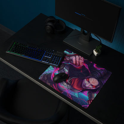 Large neon vaporwave anime mouse pad with vibrant neon pink and purple cyberpunk design for digital art desks