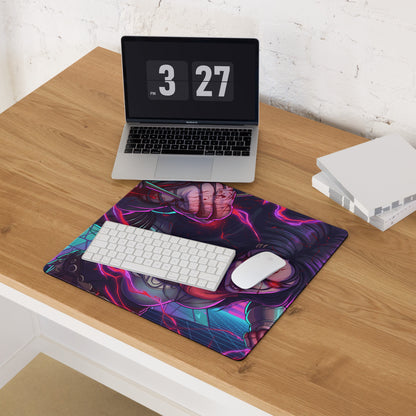 Large neon vaporwave anime mouse pad with vibrant neon pink and purple cyberpunk fist design on wooden desk