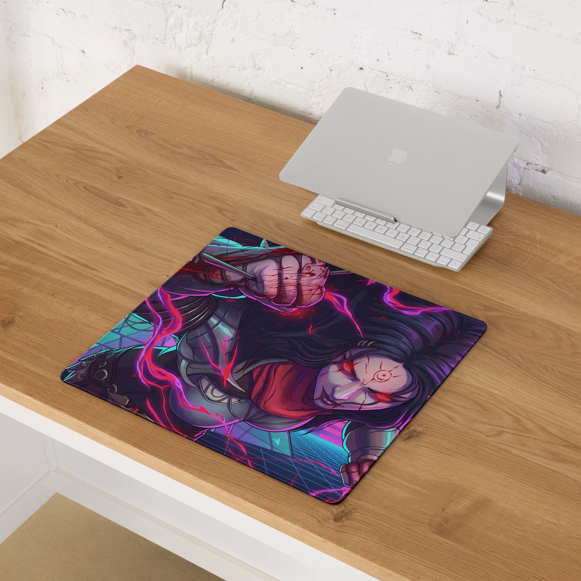 Large neon vaporwave anime mouse pad featuring a vibrant rectangular design with a dynamic character and electric purple effects