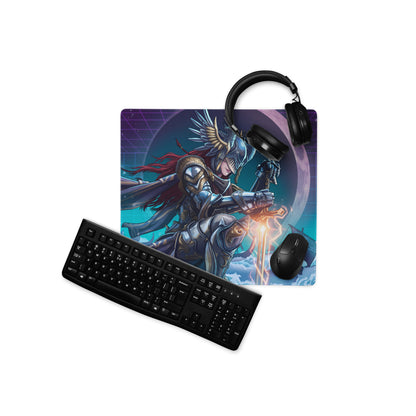 Black gaming mousepad with vaporwave neon warrior illustration featuring armored wings and glowing sword cosmic design