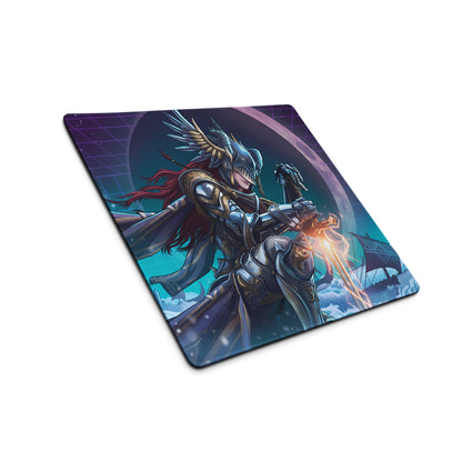 A rectangular vaporwave neon warrior mousepad with red-haired armored warrior and glowing sword on cosmic backdrop