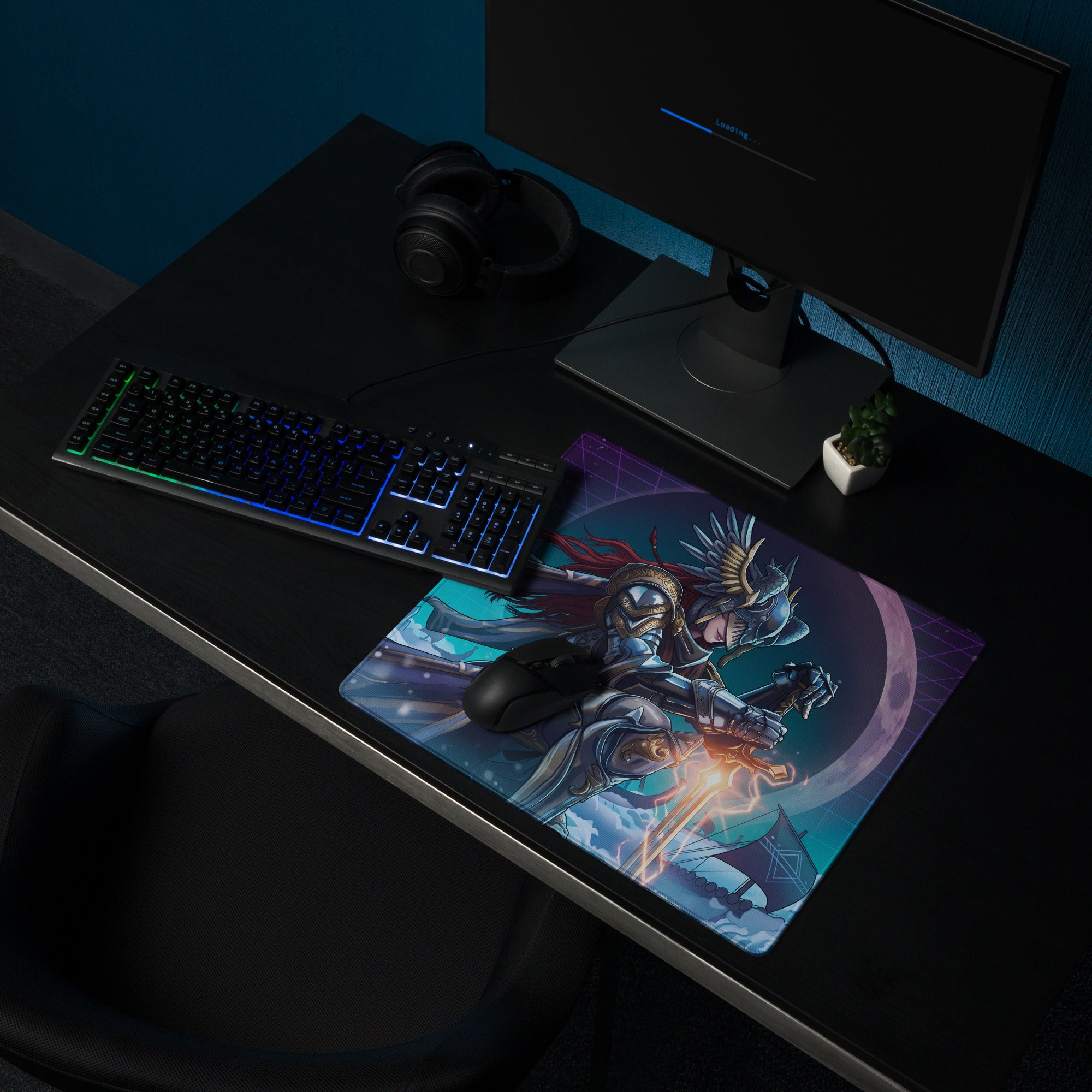 A vibrant vaporwave neon warrior mouse pad with a detailed fantasy warrior in purple and blue glow for gaming desks