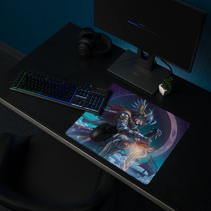 A vibrant vaporwave neon warrior mouse pad with a detailed fantasy warrior in purple and blue glow for gaming desks