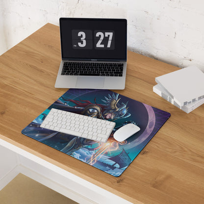 Vaporwave neon warrior gaming mouse pad with vibrant blue and gold armor design on a cosmic backdrop for desk use