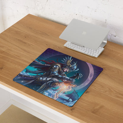 A rectangular gaming mousepad with a neon warrior illustration in purple and blue hues for a vibrant gaming desk setup