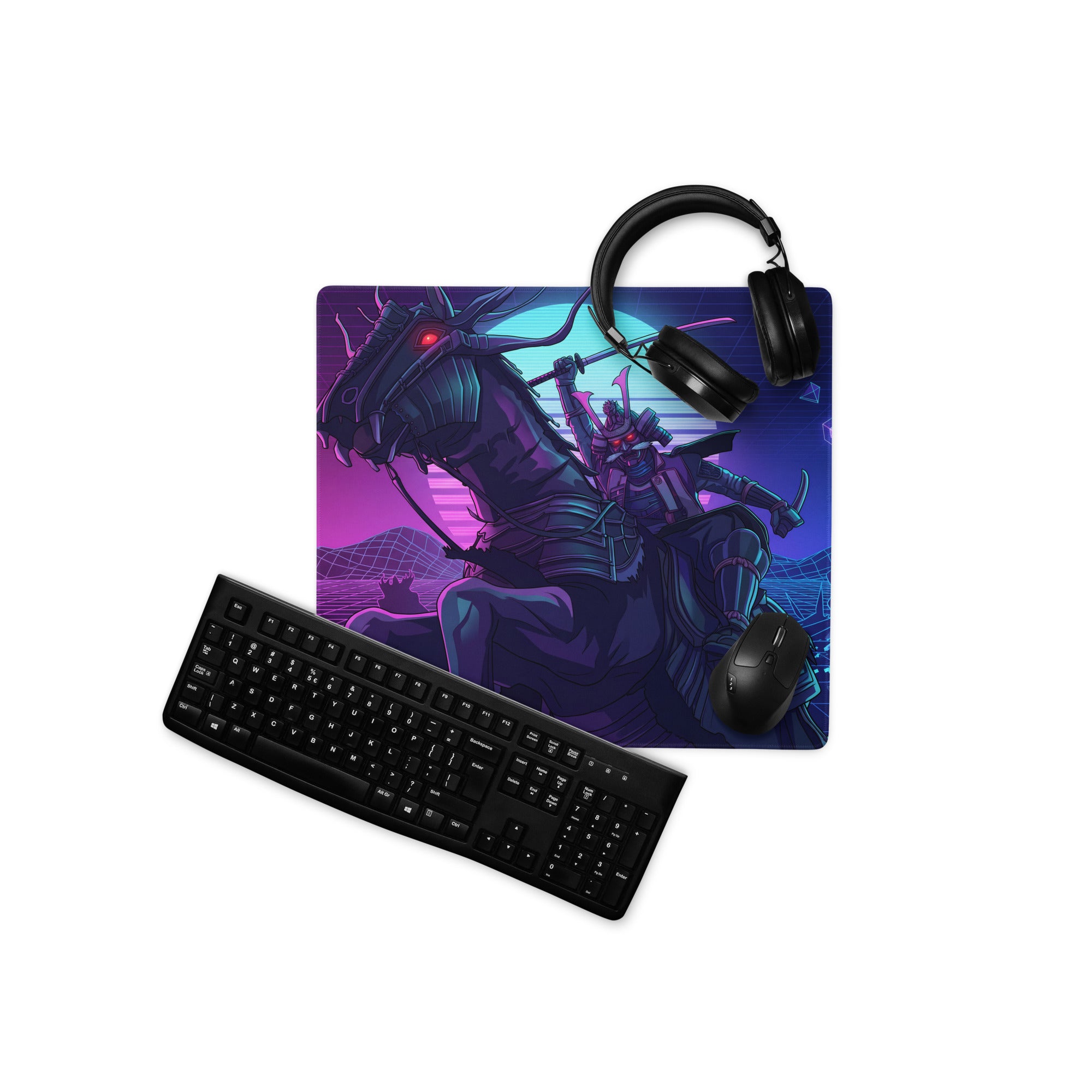 Neon vaporwave dragon desk mat with ninja samurai on horseback in purple blue cyberpunk gradient for gaming setup