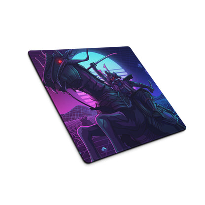 Navy blue and purple neon vaporwave gaming mousepad with samurai on horseback glowing red eyes cyberpunk art design