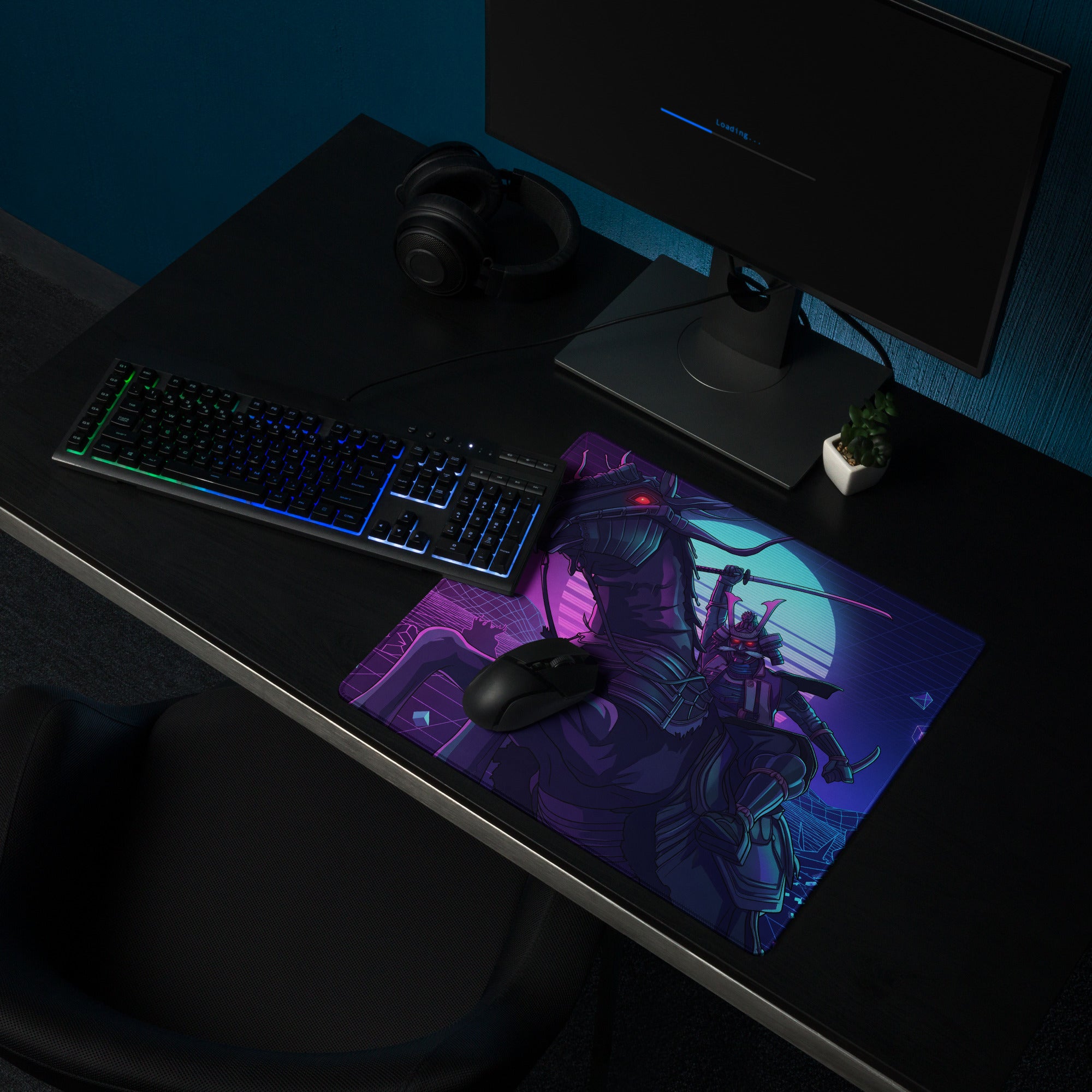 Neon vaporwave dragon desk mat with vibrant purple and blue neon samurai warrior artwork for gaming setups