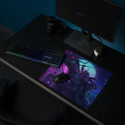 Neon vaporwave dragon desk mat with vibrant purple and blue neon samurai warrior artwork for gaming setups