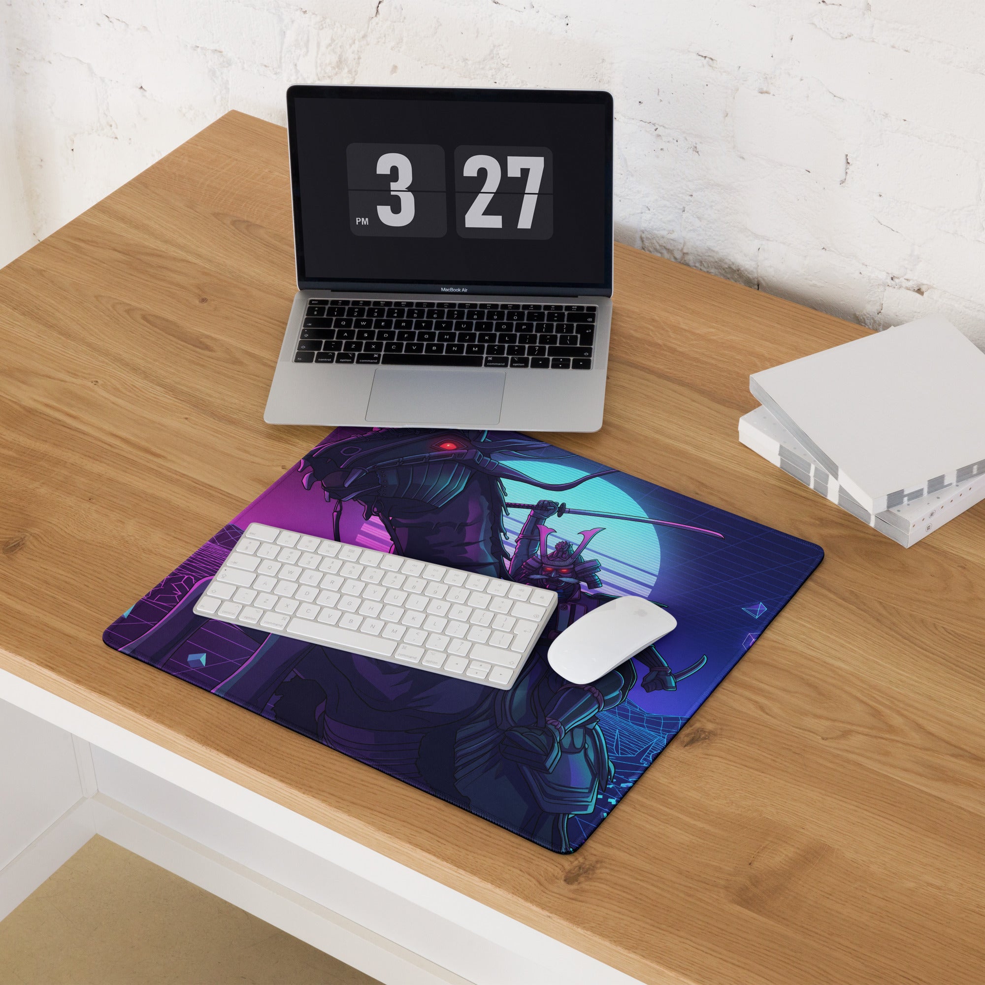 Vibrant purple and blue anime-themed gaming mousepad with futuristic robot design for neon vaporwave desk setup