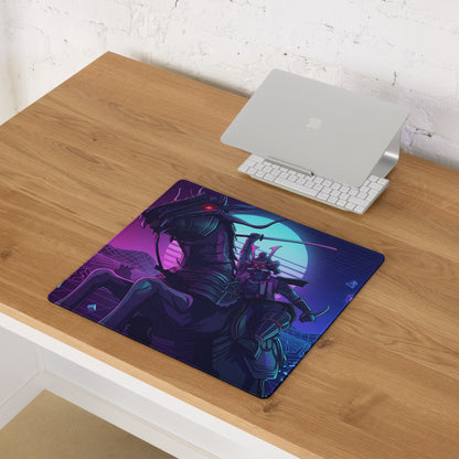 Neon vaporwave dragon desk mat featuring a ninja on horseback gaming mousepad with vibrant purple and teal cyberpunk design