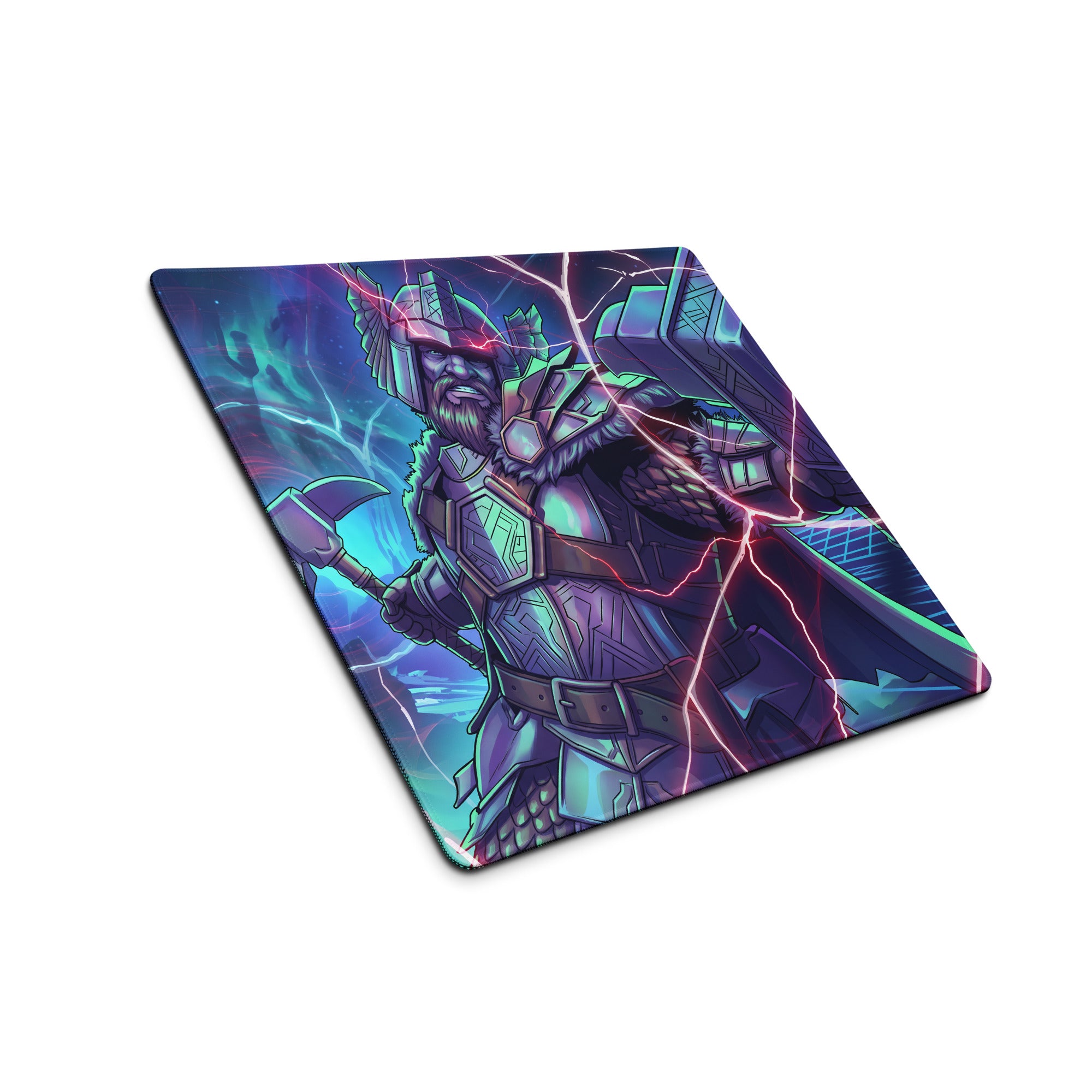 Vibrant rectangular neon vaporwave gaming mouse pad with stylized thor in futuristic armor and pink lightning on cosmic background