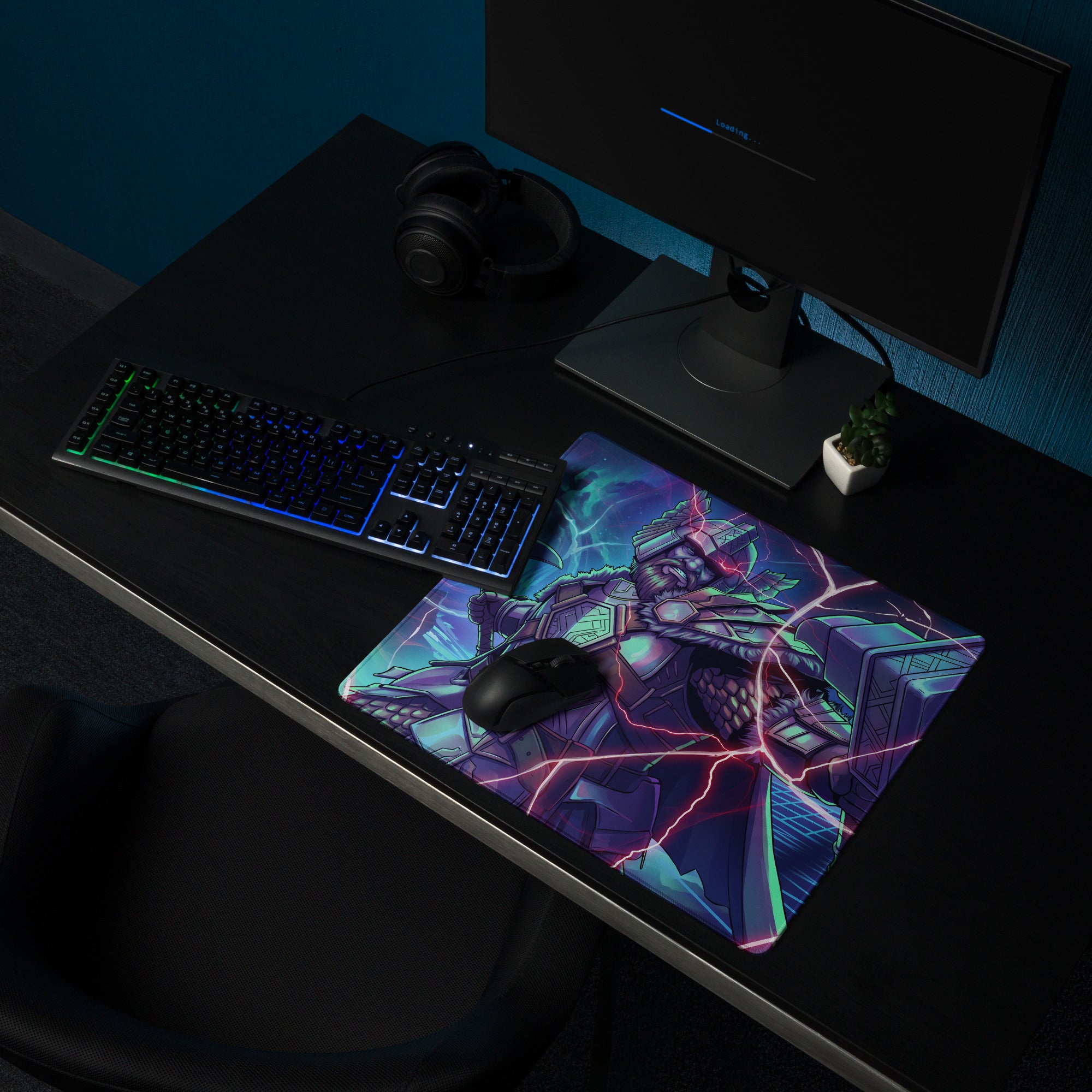 Neon vaporwave gaming mouse pad with vibrant neon pink and teal lightning and armored warrior design for desktop use