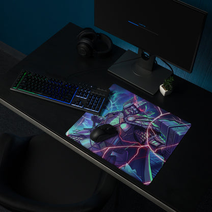 Neon vaporwave gaming mouse pad with vibrant neon pink and teal lightning and armored warrior design for desktop use