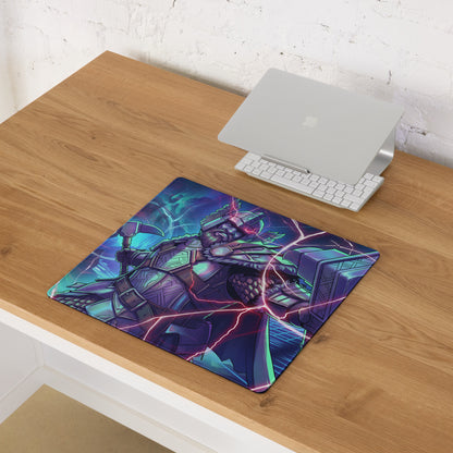 Vibrant rectangular neon vaporwave gaming mouse pad with armored warrior and lightning design in purple and teal colors