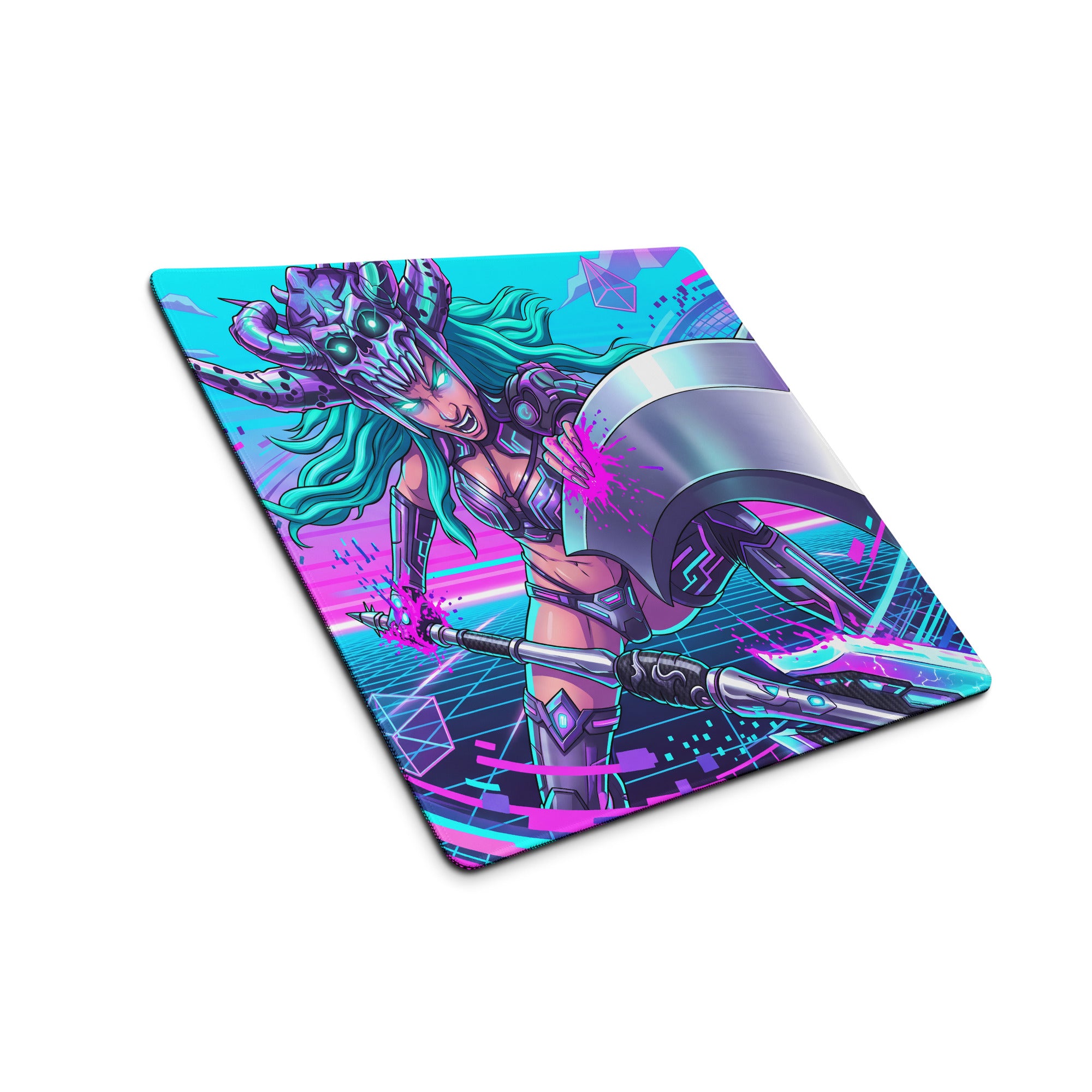Vaporwave neon warrior gaming mousepad with vibrant neon pink and cyan colors featuring a cyberpunk warrior design