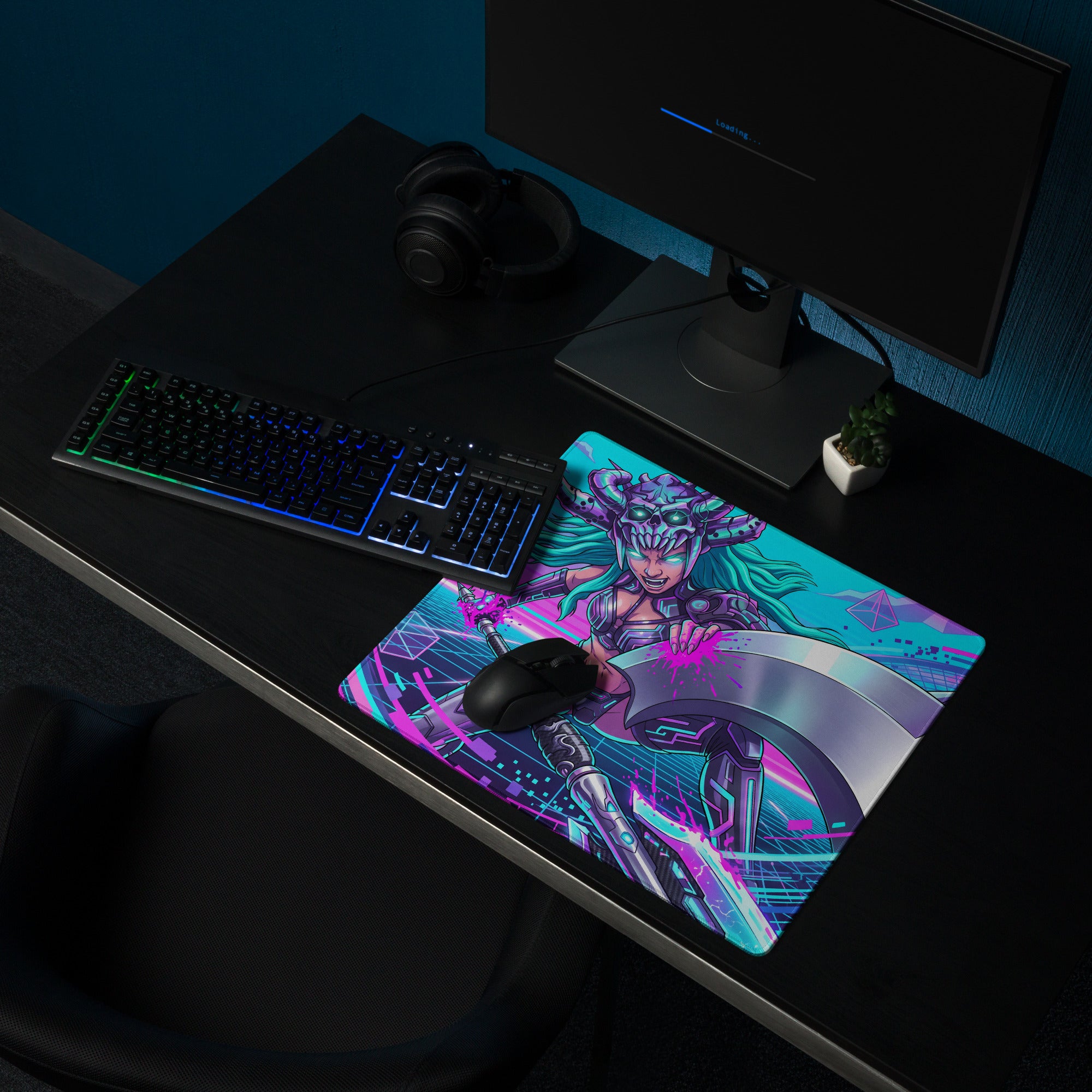 Vaporwave neon warrior gaming mousepad with vibrant neon pink and teal futuristic cybernetic armor design
