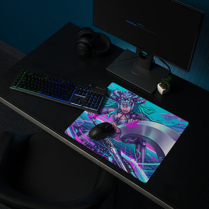 Vaporwave neon warrior gaming mousepad with vibrant neon pink and teal futuristic cybernetic armor design