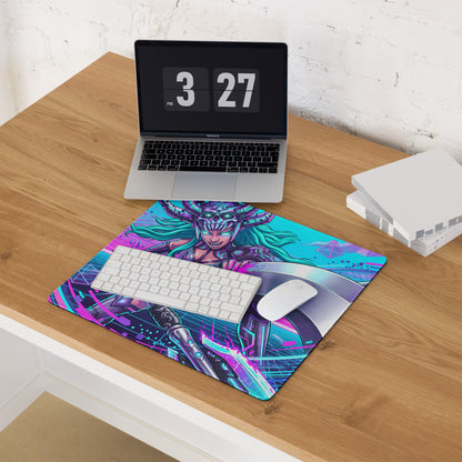 Vibrant neon pink and teal vaporwave neon warrior gaming mousepad with stylized glowing warrior and futuristic armor