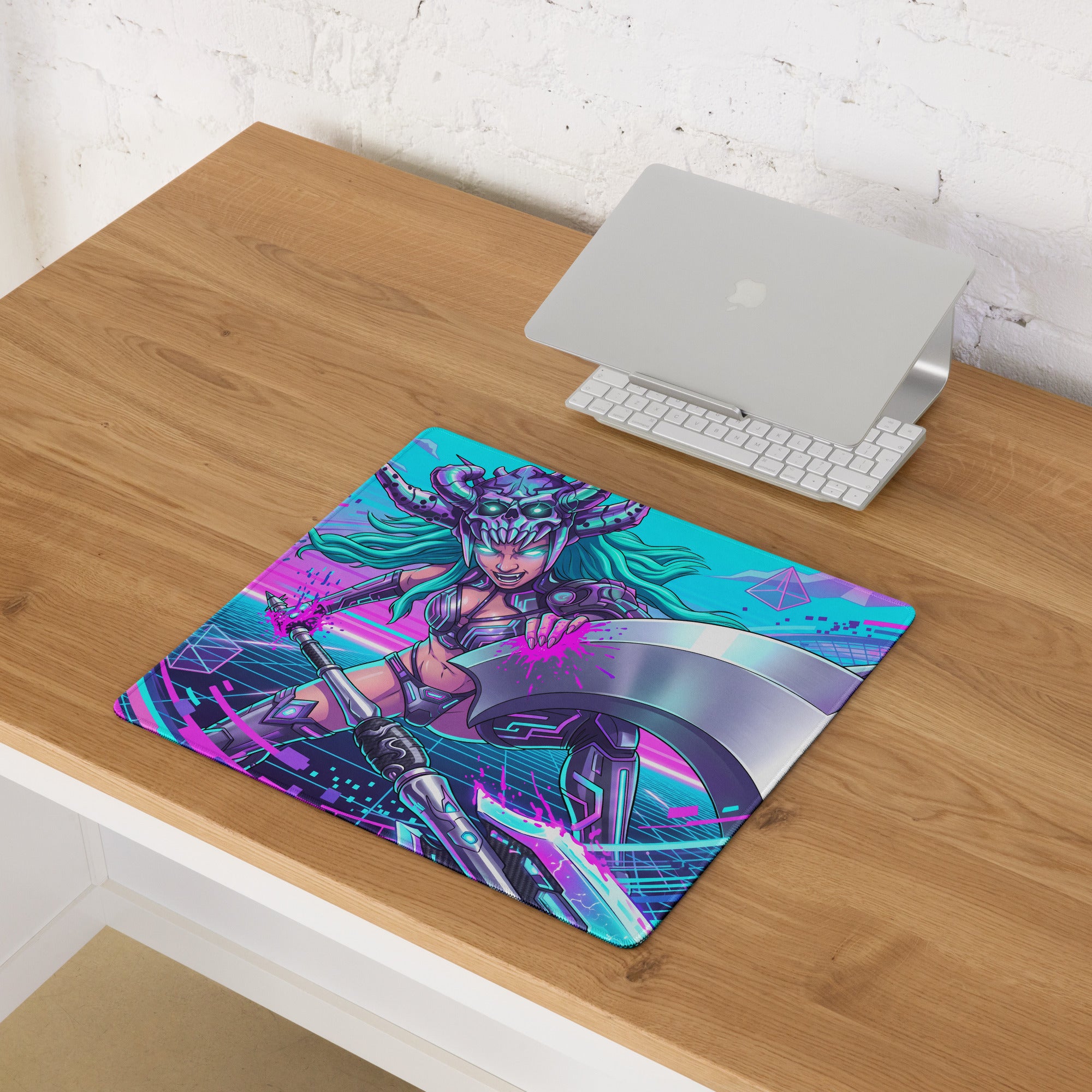Vaporwave neon warrior mousepad with vibrant neon pink and teal colors and a glossy finish for gaming use