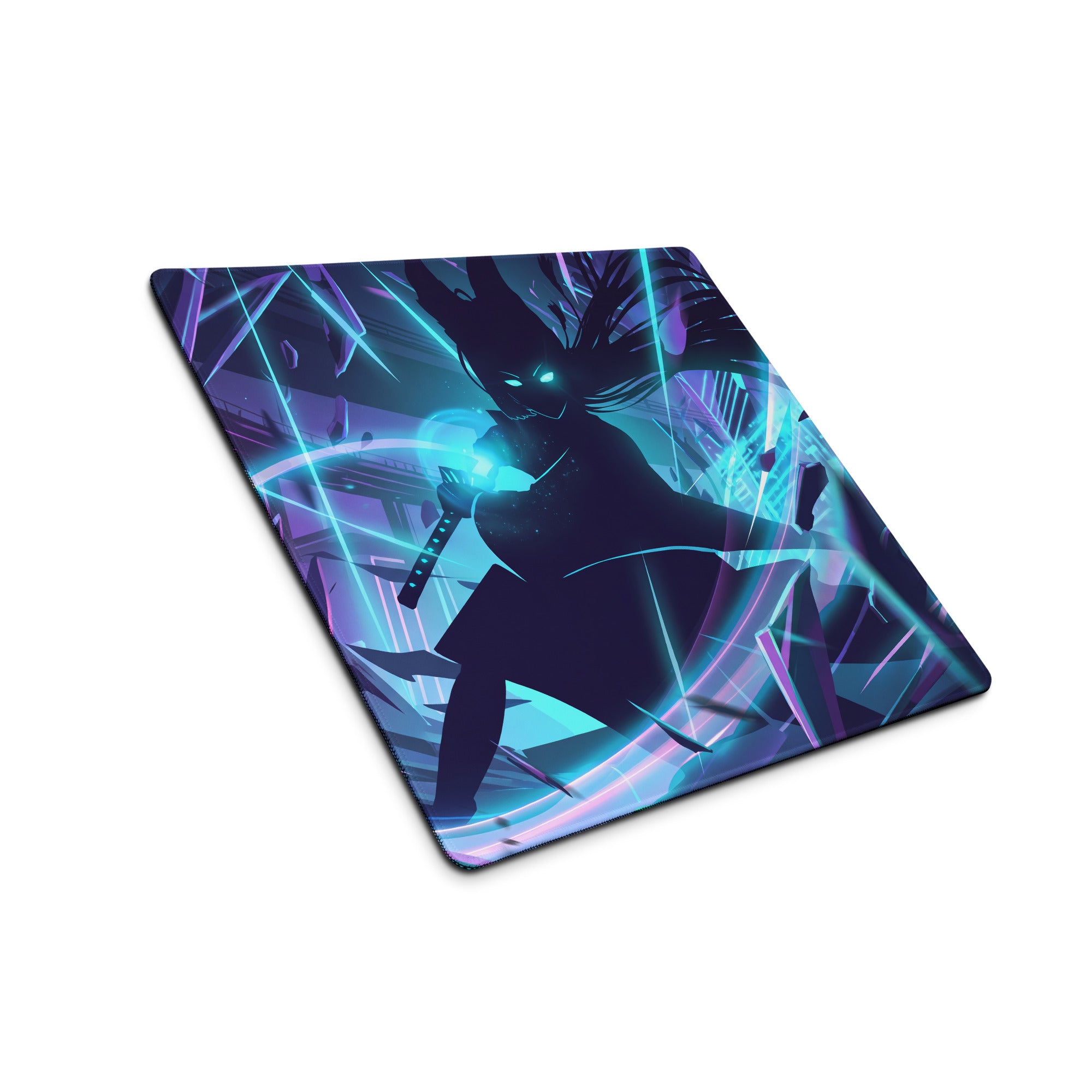 Neon vaporwave night pad pro rectangular gaming mousepad with cyan-eyed anime sword figure on purple blue neon lights