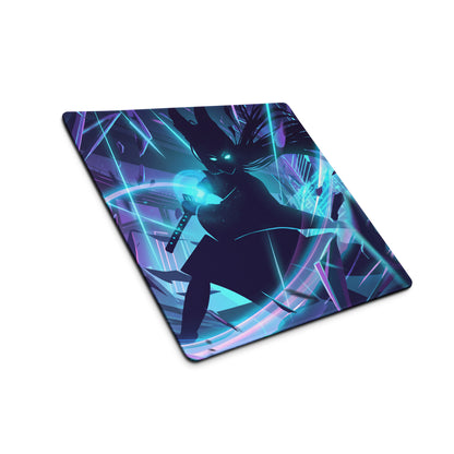 Neon vaporwave night pad pro rectangular gaming mousepad with cyan-eyed anime sword figure on purple blue neon lights