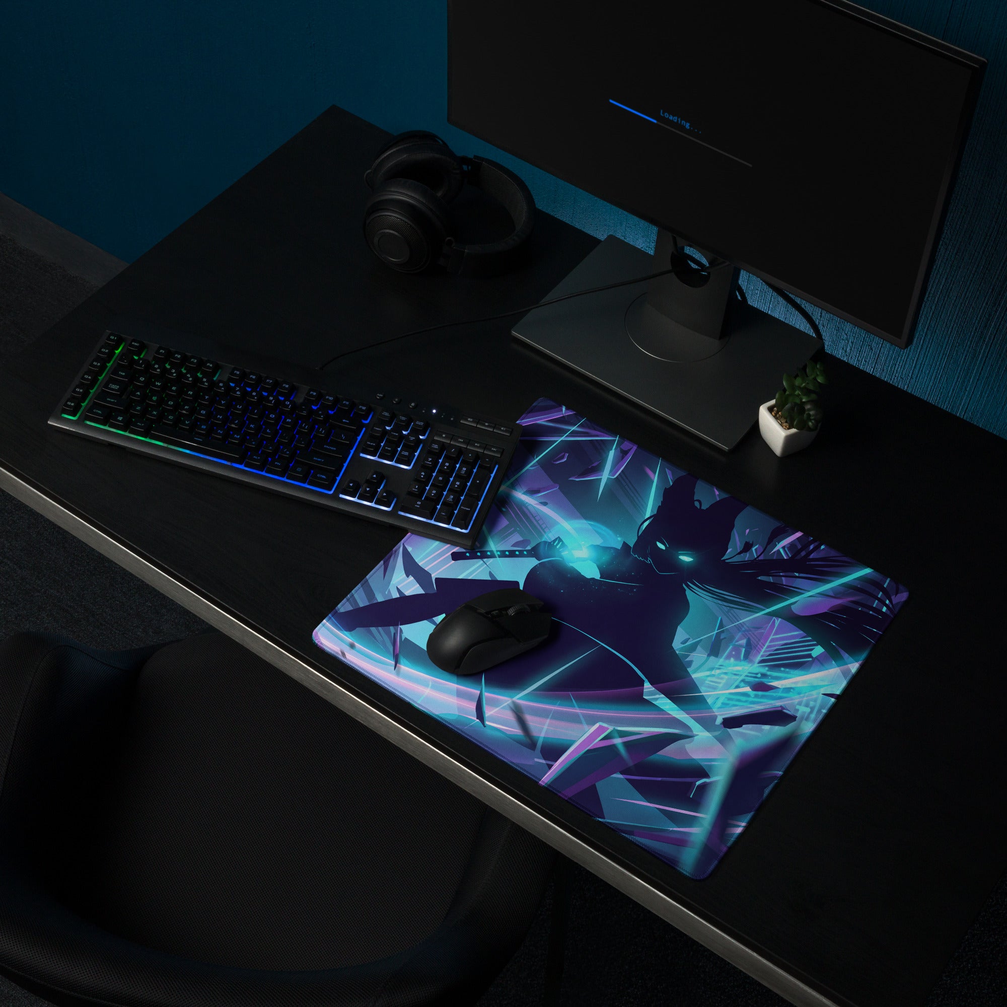 Neon vaporwave night pad pro gaming mouse pad in purple and teal with dynamic anime-style character and glowing neon lines