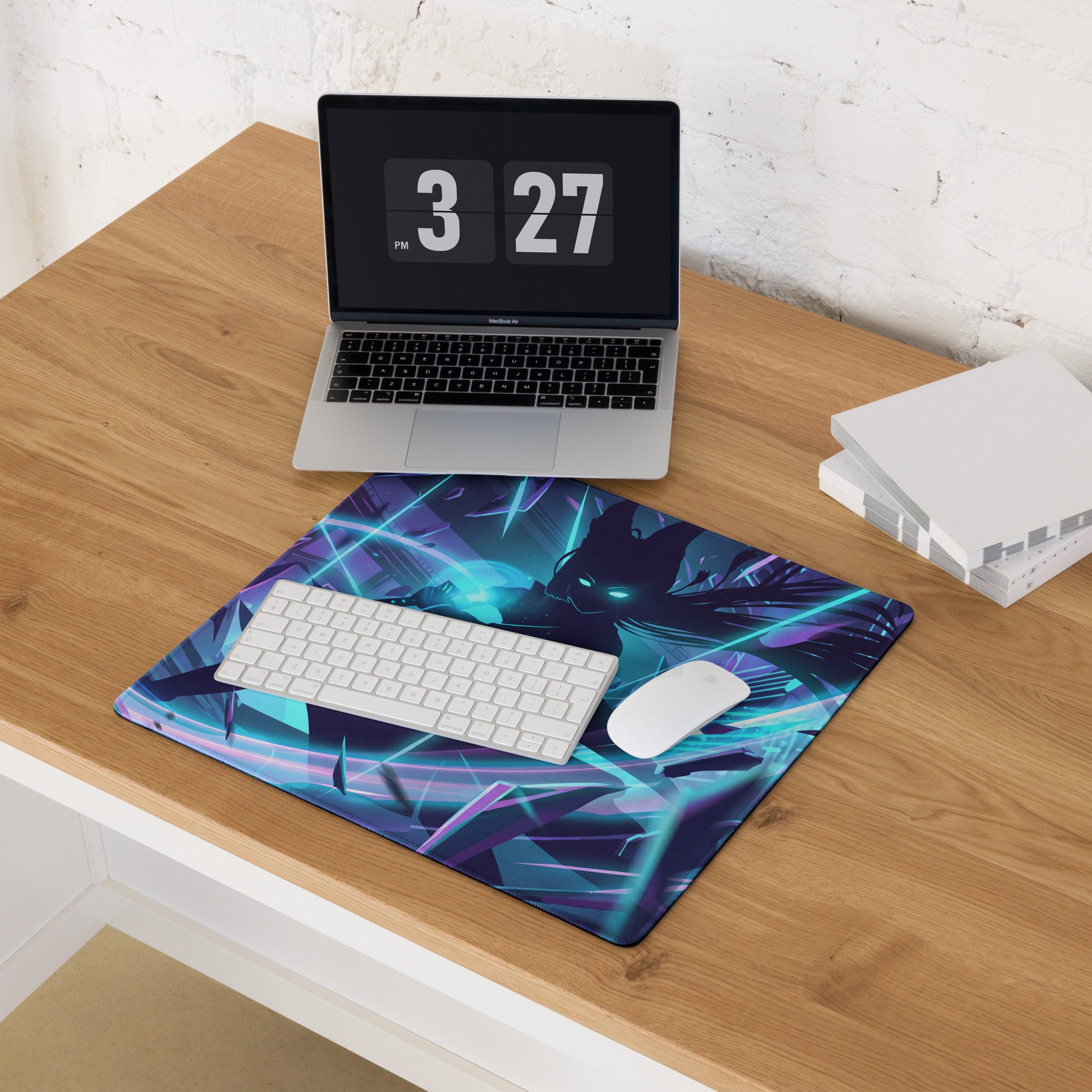 Neon vaporwave night pad pro gaming mouse pad with vibrant blue and purple colors featuring a glowing dark figure design