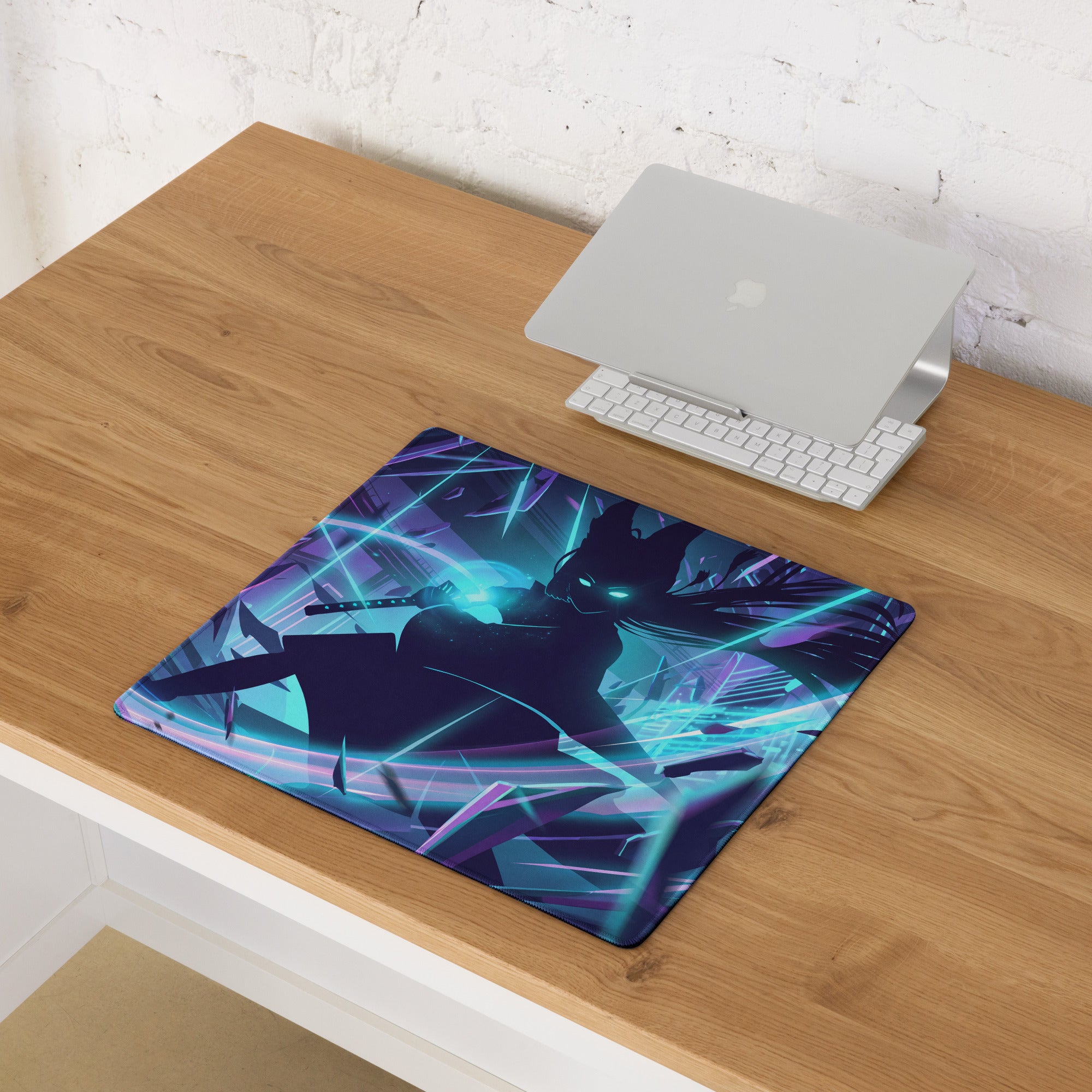Navy blue and teal neon vaporwave night pad pro gaming mouse pad with stylized anime character and glowing eyes design