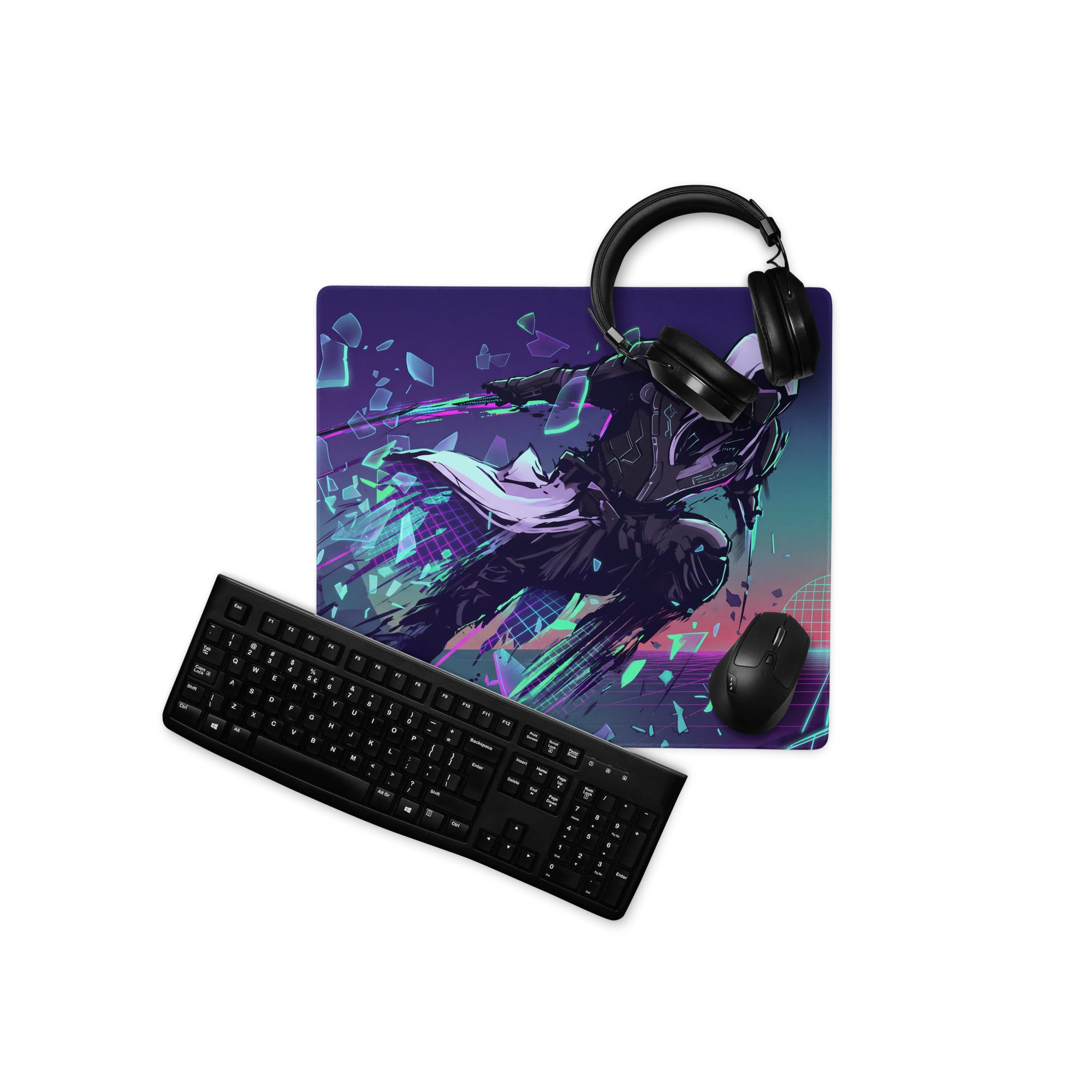 Black vaporwave neon warrior gaming mouse pad with dynamic anime character on vibrant purple and teal digital backdrop