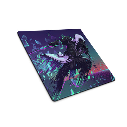 Navy blue vaporwave neon warrior gaming mouse pad with dynamic assassin illustration and shattered glass effects
