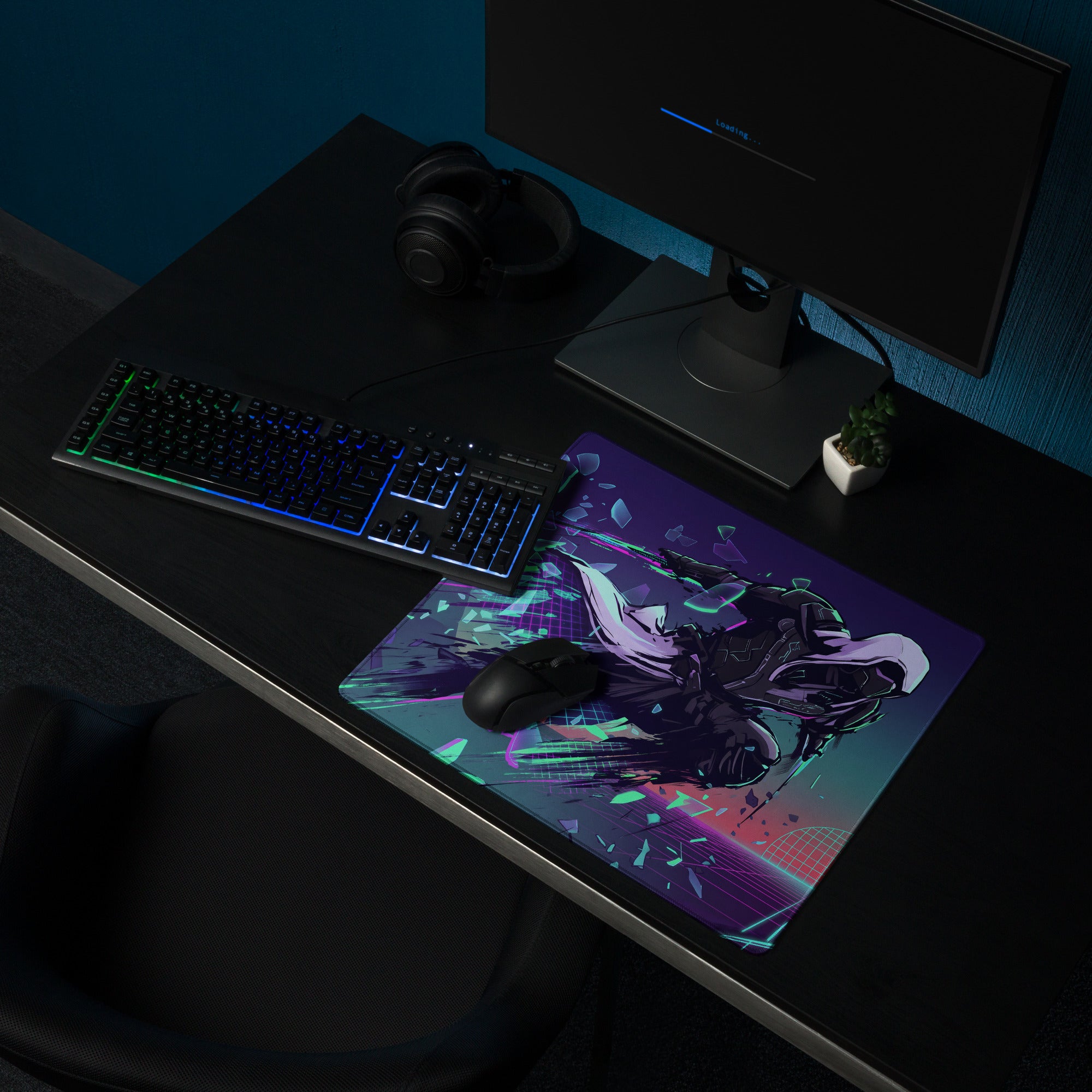 Vaporwave neon warrior gaming mouse pad with vibrant anime character in black white and neon purple pink green on futuristic background