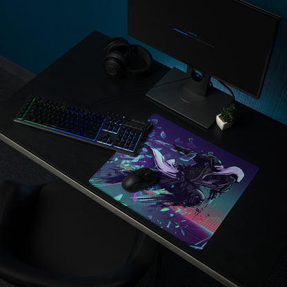 Vaporwave neon warrior gaming mouse pad with vibrant anime character in black white and neon purple pink green on futuristic background