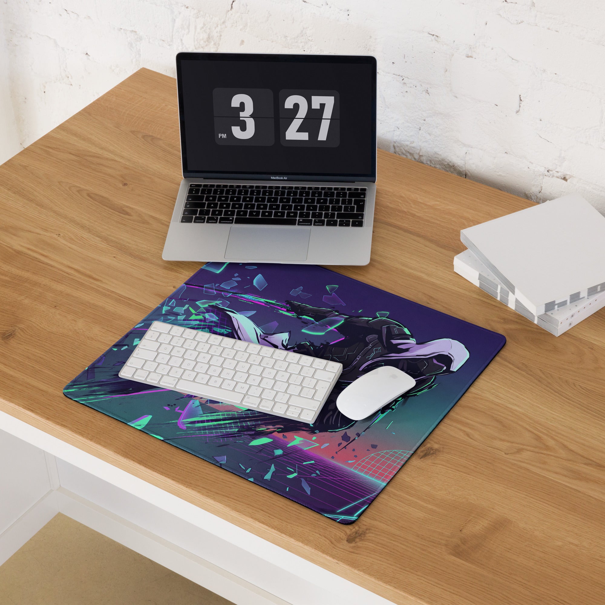Vibrant neon purple and teal vaporwave neon warrior gaming mouse pad with a dynamic cyberpunk character design