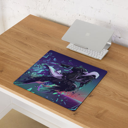 Vibrant neon cyberpunk-themed mouse pad with dynamic character design in purple teal and pink on glossy surface