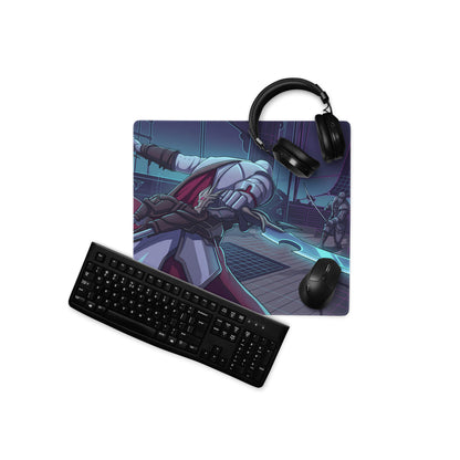 Black gaming mousepad featuring vaporwave neon knight in white and red armor with glowing blue sword on ship deck